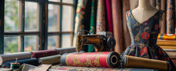 wide banner of women fashion dress design studio or atelier workshop for fashion house and custom tailor clothing talent small business