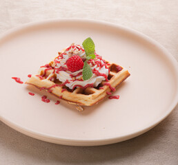Viennese waffles with berry sauce and cream on a light background