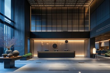 Reception area at a modern hotel has a large light, in the style of shodo,in the style of light blue and dark gray, subtle lighting - obrazy, fototapety, plakaty