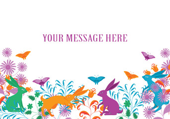 Vector floral artwork with rabbits and butterflies
