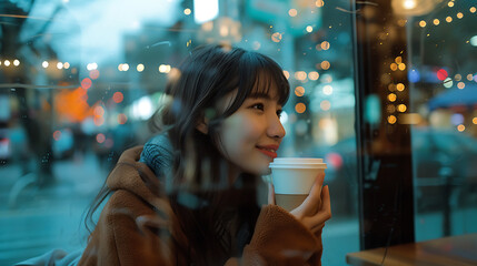 Uma jovem mulher contemplativa apreciando um café em um aconchegante café observando a agitada cidade pela janela - obrazy, fototapety, plakaty