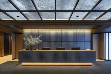 Reception area at a modern hotel has a large light, in the style of shodo,in the style of light blue and dark gray, subtle lighting - obrazy, fototapety, plakaty