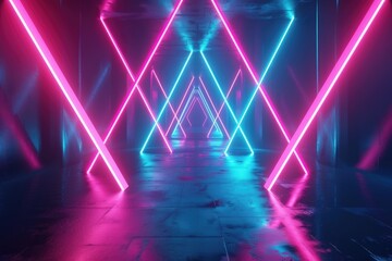 Fototapeta premium Neon glow lights retro cyber triangle blue purple glow glowing lights abstract grunge concrete tunnel room sci fi futuristic empty stage night background