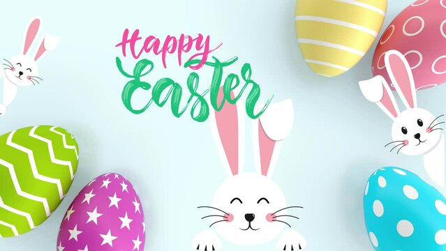 4K Animated Happy Easter Video with Bunny Rabbits and easter eggs