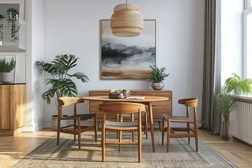 Stylish scandinavian living room interior of modern apartment with wooden commode, design table, chairs, carpet, abstract paintings on the wall and personal accessories in unique home decor.