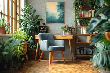 Stylish scandinavian open space with design furniture, plants, bamboo bookstand and wooden desk. Brown wooden parquet. Abstract painting. Modern decor of bright room next to dining room.