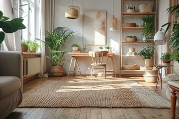 Gordijnen Stylish scandinavian open space with design furniture, plants, bamboo bookstand and wooden desk. Brown wooden parquet. Abstract painting. Modern decor of bright room next to dining room. © interior