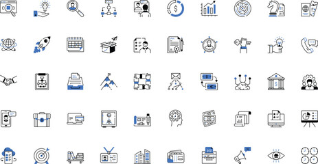 Set of 50 thin line icons related team, teamwork, co-workers, cooperation. Linear busines simple symbol collection. vector illustration