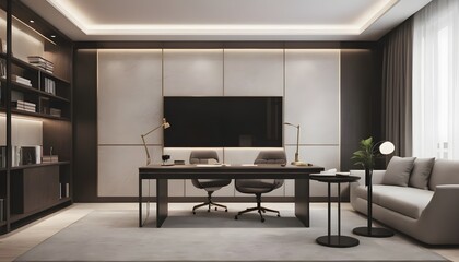 Elegant modern minimalist study space design, decor, and blueprint