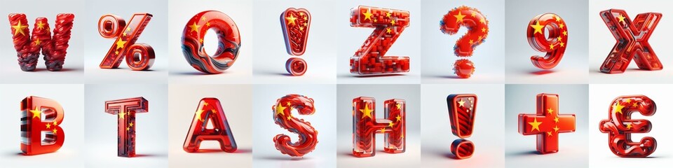 Glass letters shape in colors China flag 3D Lettering Typeface. AI generated illustration