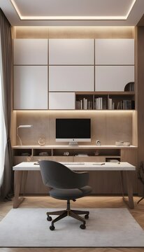 Elegant modern minimalist study space design, decor, and blueprint