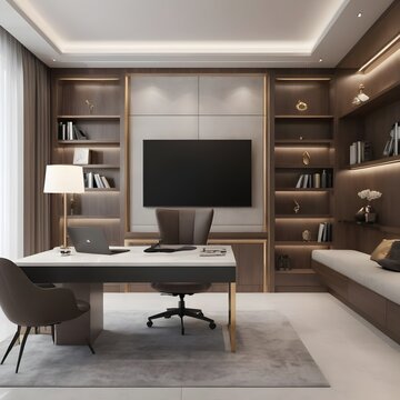 Elegant modern minimalist study space design, decor, and blueprint