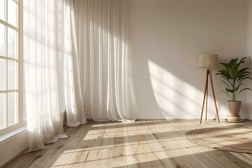 White empty room mockup with with sheer curtain, wood floor lamp and wood floor. 3D illustration.