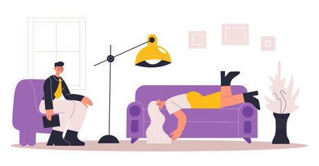 Psychotherapy help individual. Male psychologist listening to depressed woman. Female patient lying on sofa