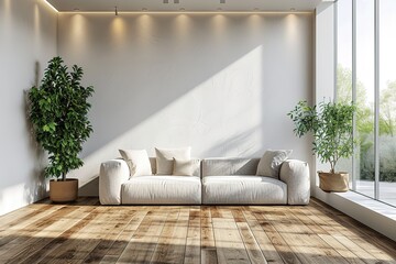 White minimalist living room interior with sofa on a wooden floor, decor on a large wall, white landscape in window. Home nordic interior. 3D illustrationhyperrealism, photorealism, photorealistic - obrazy, fototapety, plakaty