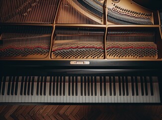Close-up of an open piano, showcasing its keys and internal strings, evoking a sense of music and...