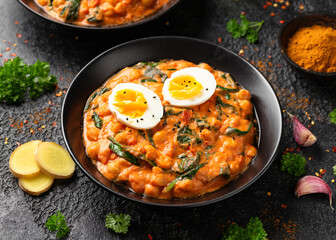 Chickpea, spinach, tomato and egg curry. Healthy food.