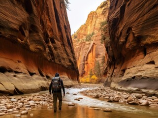 Man walking through narrow canyon in the mountains.