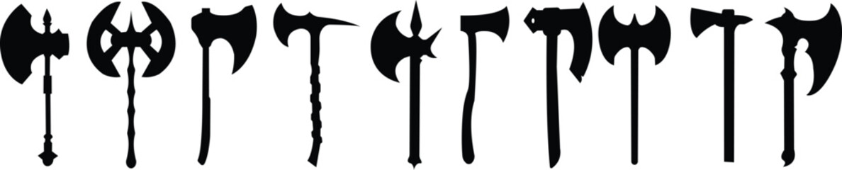 Axe icons set. Outline axe tool flat icon collection isolated on transparent background. Firefighter simple wood axe silhouette vector for web and app design, lumberjack symbol medieval weapon