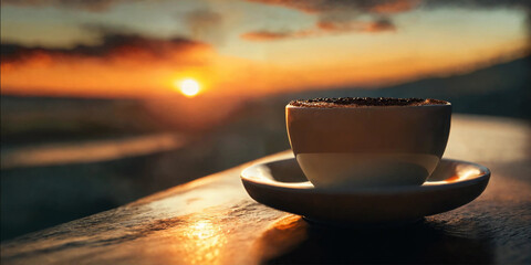 Naklejka na ściany i meble cup of coffee with a breathtaking view of the sunset.