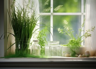 Window Sill Filled With Plants Next to a Window