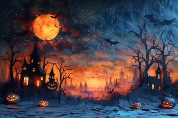 A spooky Halloween scene featuring a haunted house silhouette, glowing jack-o-lanterns, and a large orange moon illuminating the dark sky.