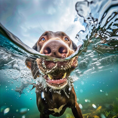 A german shorthaired pointer dog swimming under water  - obrazy, fototapety, plakaty