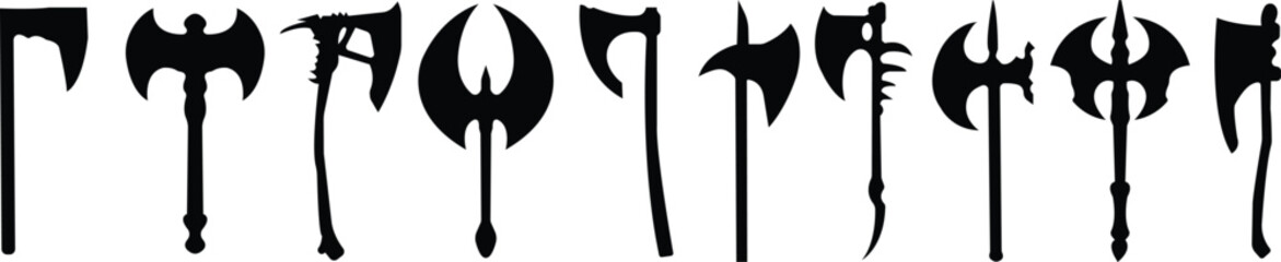 Axe icons set. Outline axe tool flat icon collection isolated on transparent background. Firefighter simple wood axe silhouette vector for web and app design, lumberjack symbol medieval weapon