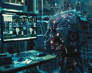 Brain-computer interfaces connecting humans and robotics, in a lab where digital twins simulate nanotech enhancements