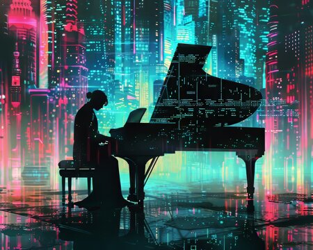 Classic computing, crypto's dance, blockchain melody, cloaked in noir