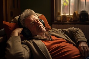 Senior Man Relaxes on Couch Enjoying Music Through Headphones in the Evening