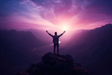 Man Standing on Top of a Mountain With Arms Outstretched - obrazy, fototapety, plakaty