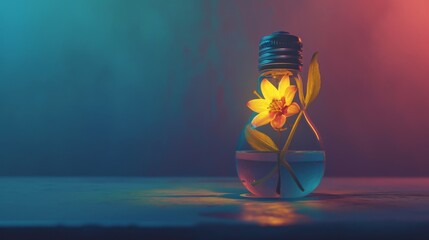 Narcissus flower in a glass vase in the shape of a bulb on a dark background