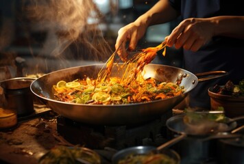 Man Cooking Food in a Large Skillet. Mixing vegetables in a wok