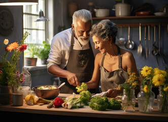 Senior couple joyfully cooking together in a warmly lit modern kitchen at dusk.