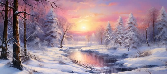 Fototapeta na wymiar Snowy Landscape With River and Trees