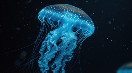 a close up of a jellyfish floating in the water with bubbles on it's back and a black background.