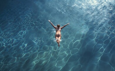 Woman swimming in pool of water.	