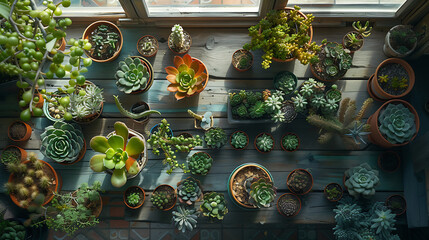 Plantas suculentas em mesa rústica iluminadas por suave luz natural através janela - obrazy, fototapety, plakaty