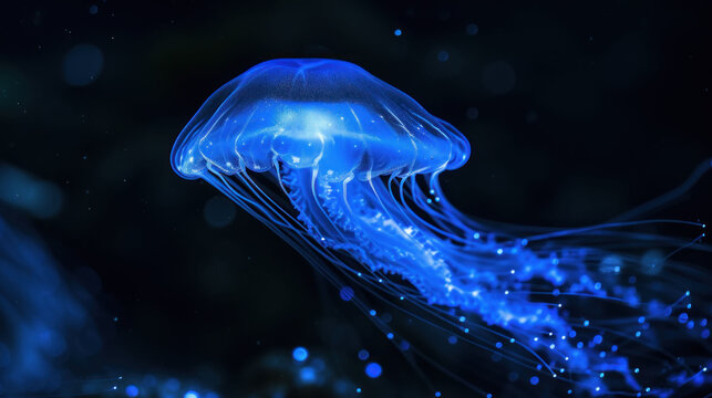 a close up of a blue jellyfish in a dark blue water with bubbles on the bottom of its head.