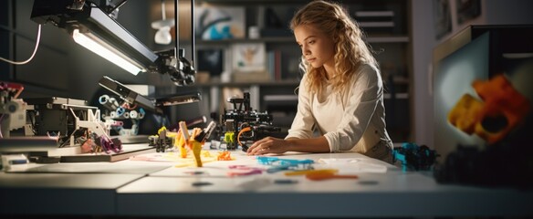 Modern 3d printer creating an intricate plastic model in a design studio at night.