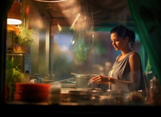 Woman standing in kitchen preparing food.