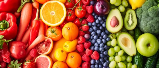 Delicious and healthy food. A bright assortment of fresh, colorful fruits and vegetables close up.