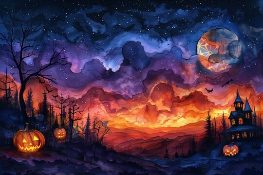 An enchanting Halloween spectacle featuring a spectral dwelling, radiant pumpkins, and a moon adorned with a spider web design, all set against a multicolored twilight.