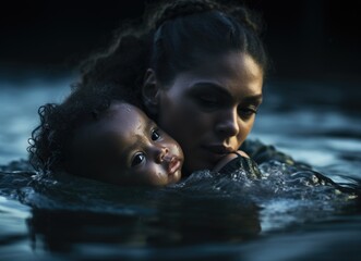 Protective Mother Holding Her Child in Dark Waters at Twilight
