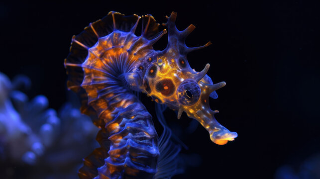 a close up of a sea horse on a black background with a blurry image of it's head.