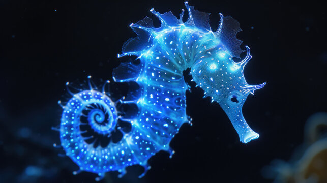 a close up of two seahorses in the dark with blue and white lights on it's body.