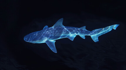 a picture of a shark in the water with a light shining on it's side and a fish in the middle of it's body.