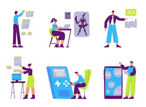 Software developers, game designers, javascript programmers characters