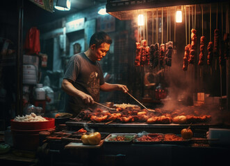 Man grilling skewered meats at a bustling night market.